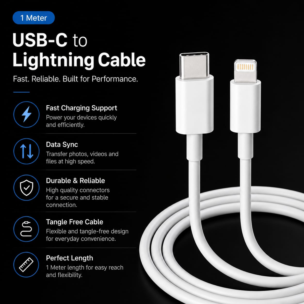 White USB-C to Lightning cable on a black background with text highlighting features like fast charging, data sync, durability, tangle-free design, and 1 meter length.