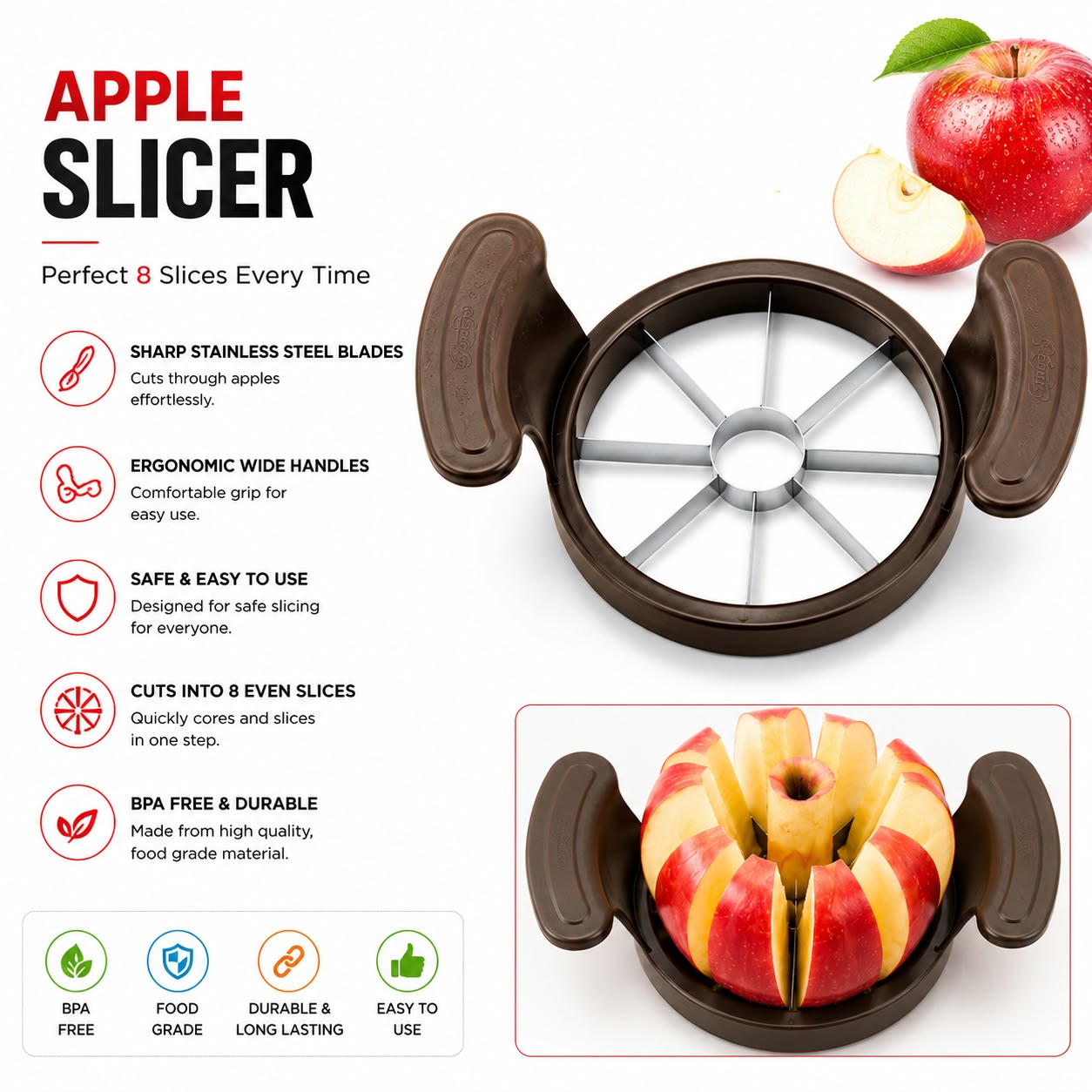 An apple slicer kitchen tool shown on a white background with marketing text, fruit illustrations, and a demonstration inset of an apple sliced into eight pieces inside the device.