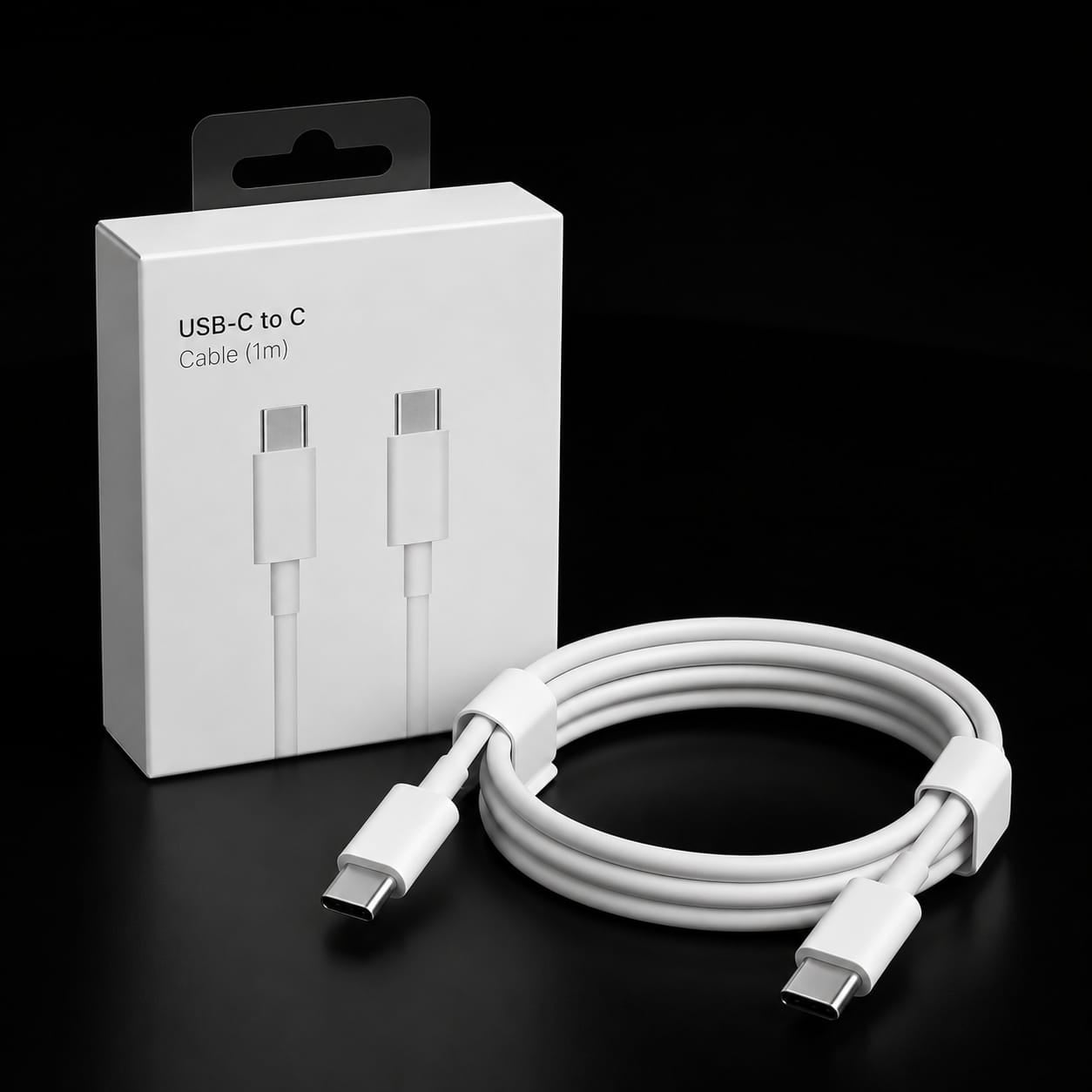 White USB-C to C cable with a coiled loop and white plastic ties, displayed next to its white retail packaging box on a black background.