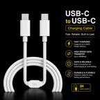 White USB-C to USB-C charging cable with two USB-C connectors and a coiled cord, shown on a black background with feature callouts and text including 'USB-C to USB-C', 'Charging Cable', and 'Fast Charging', 'High Speed Data Transfer', 'Safe & Reliable', and 'Durable & Flexible'.