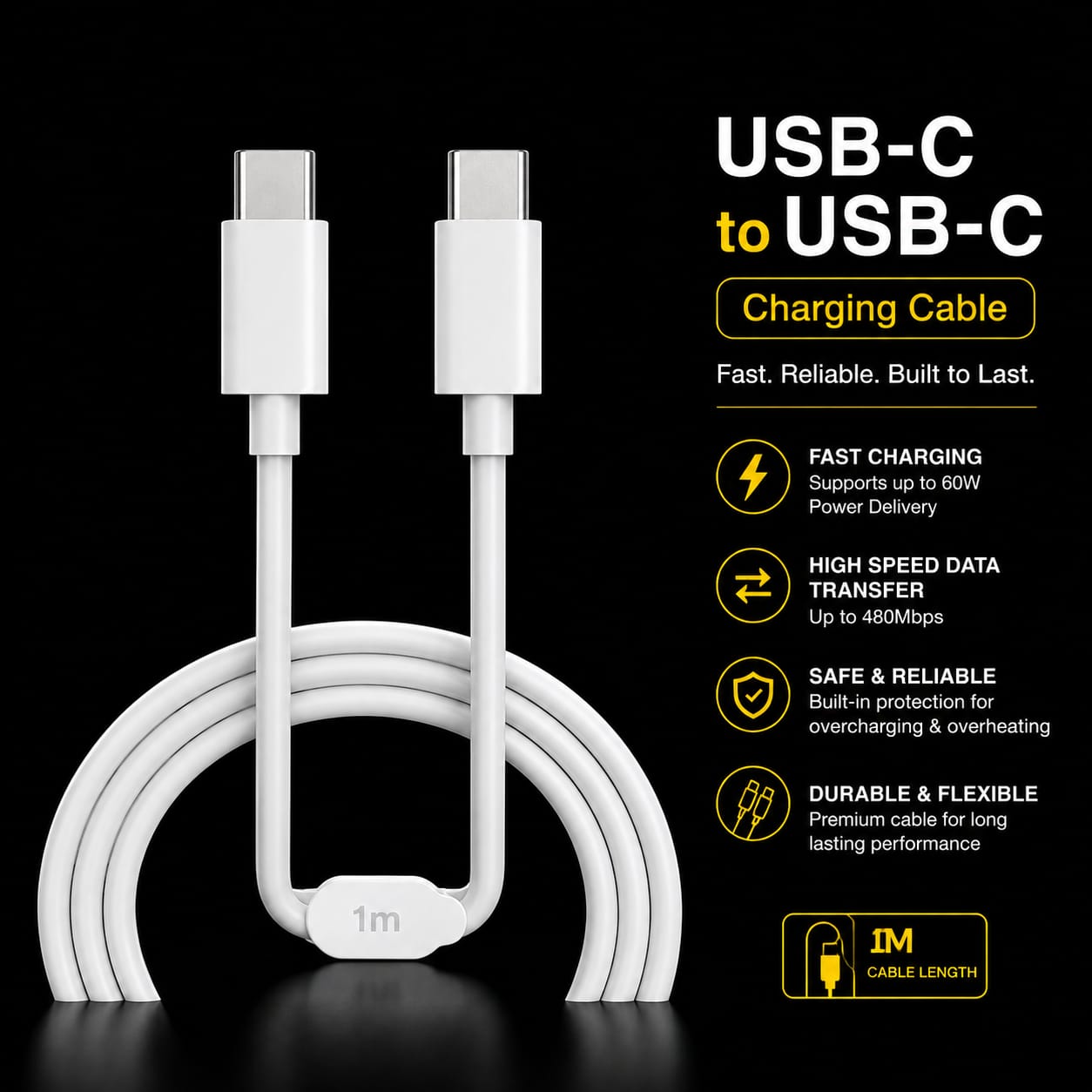 White USB-C to USB-C charging cable with two USB-C connectors and a coiled cord, shown on a black background with feature callouts and text including 'USB-C to USB-C', 'Charging Cable', and 'Fast Charging', 'High Speed Data Transfer', 'Safe & Reliable', and 'Durable & Flexible'.