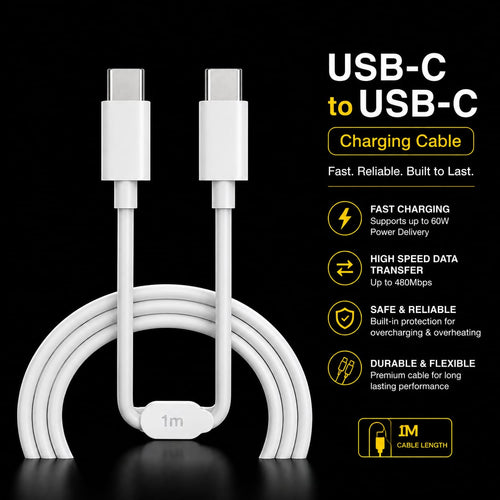 White USB-C to USB-C charging cable with two USB-C connectors and a coiled cord, shown on a black background with feature callouts and text including 'USB-C to USB-C', 'Charging Cable', and 'Fast Charging', 'High Speed Data Transfer', 'Safe & Reliable', and 'Durable & Flexible'.