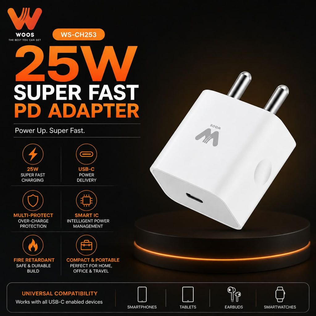 A 25W PD adapter charger by Woos, shown on a black promotional background with text highlighting super fast charging features and compatibility with smartphones, tablets, earbuds, and smartwatches.