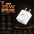 A 25W PD adapter charger by Woos, shown on a black promotional background with text highlighting super fast charging features and compatibility with smartphones, tablets, earbuds, and smartwatches.