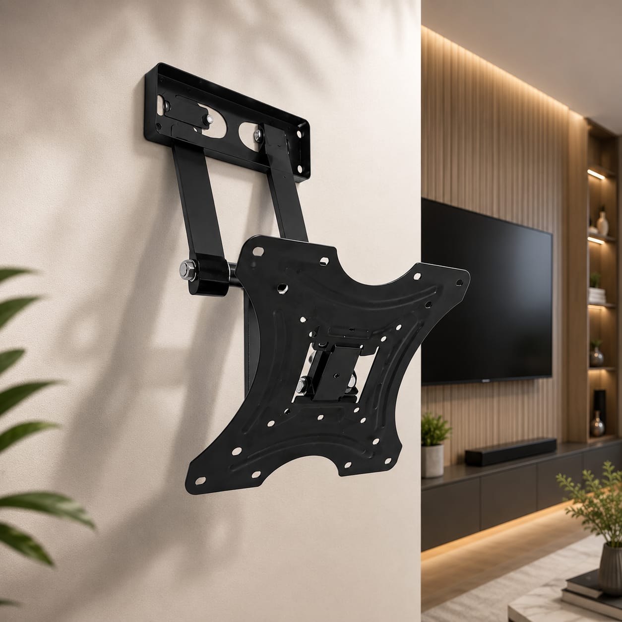 A black wall-mounted TV bracket attached to an off-white interior wall, with a modern living room visible in the background including a television, shelving, and plants.