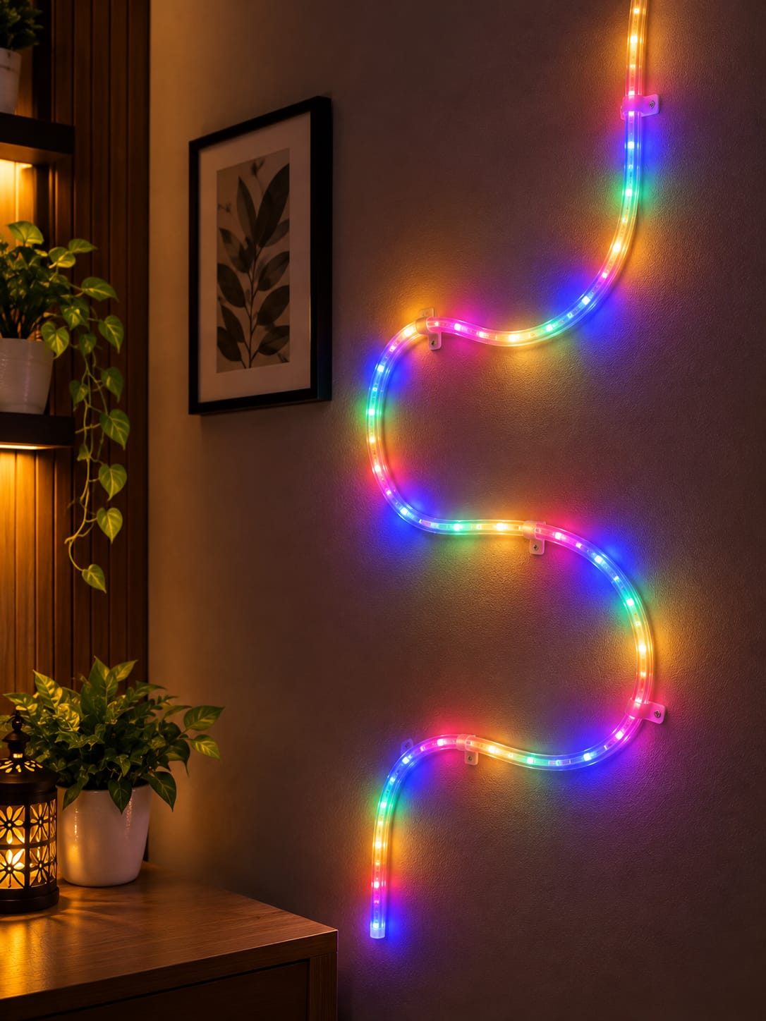 A rainbow LED wall light strip coiled and draped across a dark wall in a warmly lit room, with framed wall art and potted plants visible.