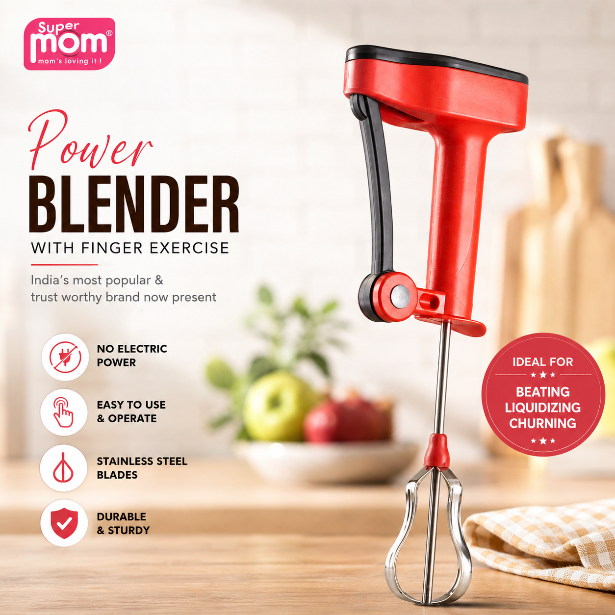 A red and black power blender with stainless steel blades, shown on a wooden surface with a blurred kitchen background. The image includes marketing text and icons highlighting features like finger exercise, no electric power, easy to use, stainless steel blades, and durable construction.