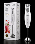 White ORPAT hand blender with a silver metal blending head, shown next to its white retail packaging box on a black background.