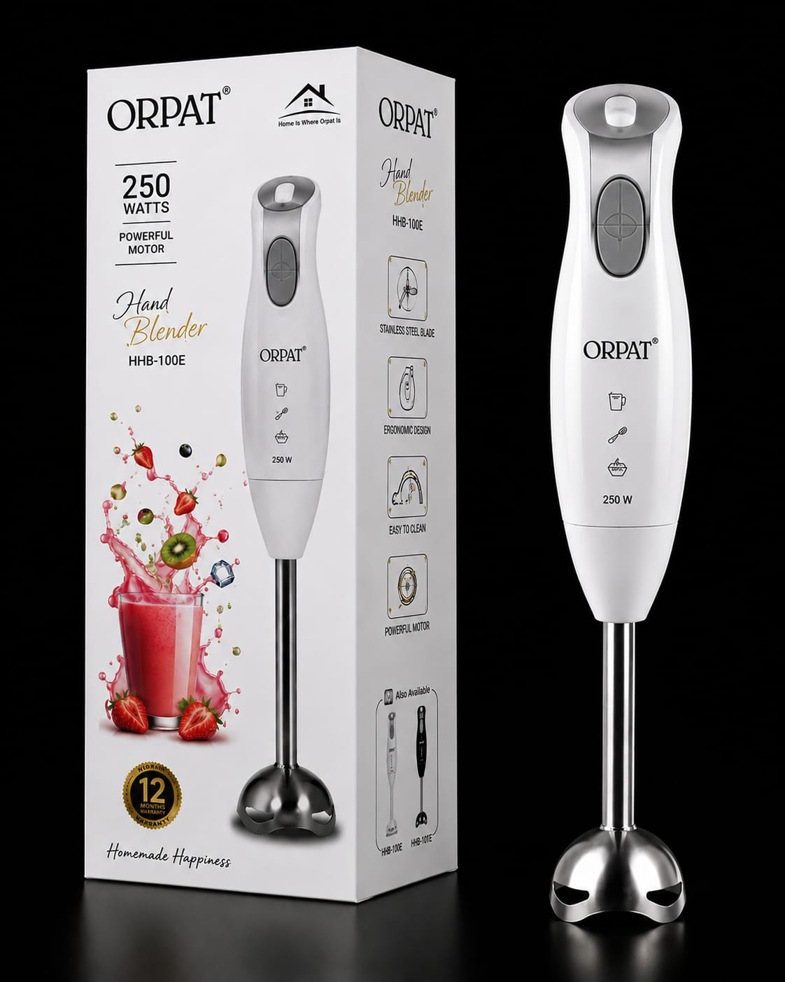White ORPAT hand blender with a silver metal blending head, shown next to its white retail packaging box on a black background.