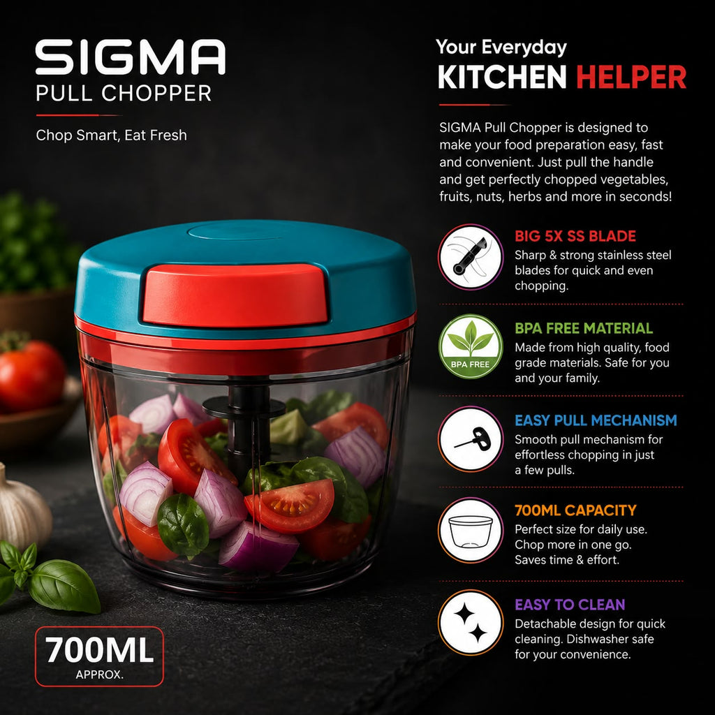 Sigma pull chopper with a bright blue and red lid, clear container, and black blade, shown chopping red onions, tomatoes, and basil. The image includes marketing text and feature callouts on a dark background.