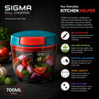 Sigma pull chopper with a bright blue and red lid, clear container, and black blade, shown chopping red onions, tomatoes, and basil. The image includes marketing text and feature callouts on a dark background.