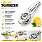 A stainless steel lemon squeezer shown on a white promotional graphic with lemons, juice dripping into a bowl, and text highlighting features such as heavy-duty steel, ergonomic handle, rust resistance, and easy cleaning.