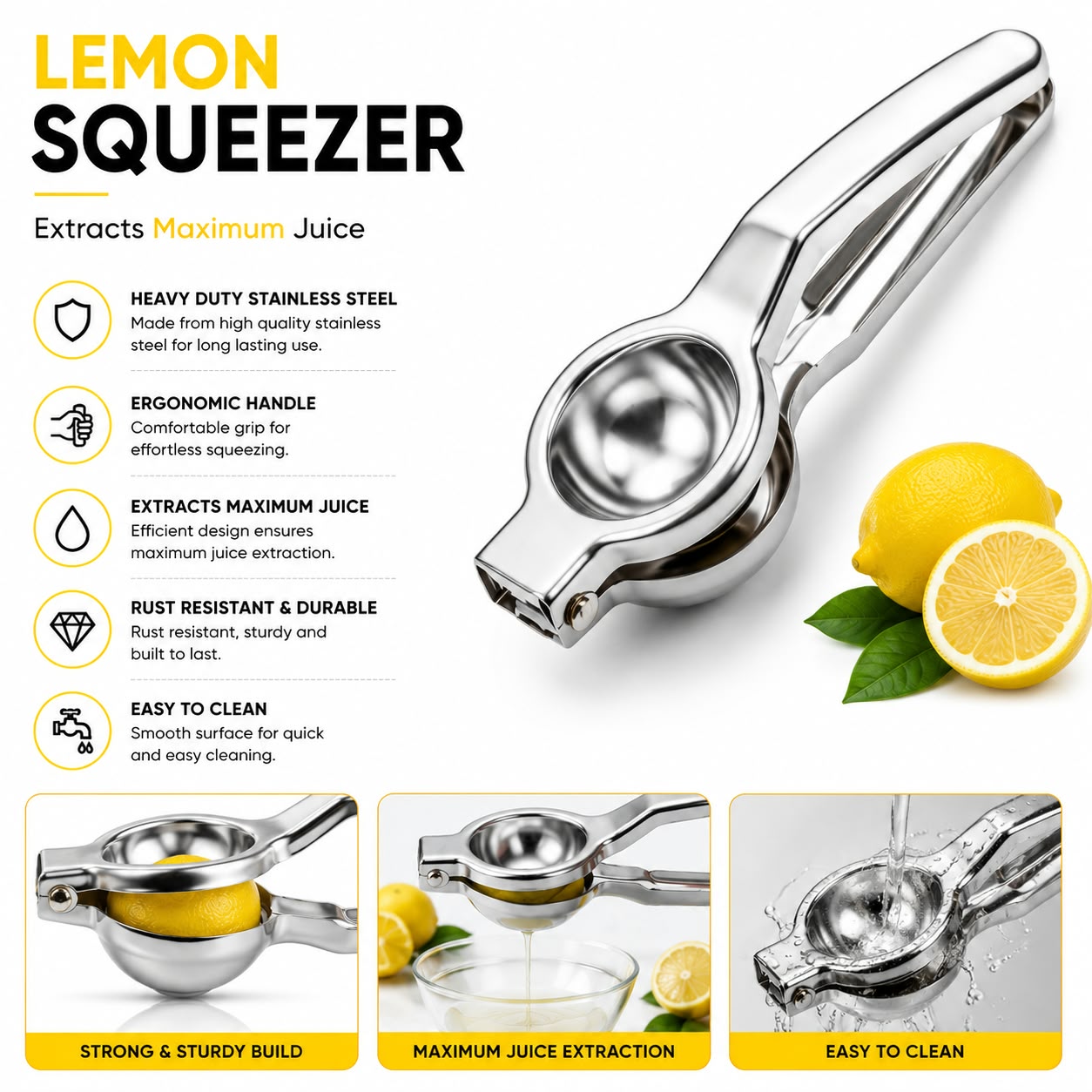 A stainless steel lemon squeezer shown on a white promotional graphic with lemons, juice dripping into a bowl, and text highlighting features such as heavy-duty steel, ergonomic handle, rust resistance, and easy cleaning.