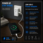 A Samsung 25W USB-C power adapter shown plugged into a wall, with a smartphone connected via a white cable. The scene includes marketing text and a feature panel on a dark background, making it a promotional product graphic rather than a plain studio product shot.