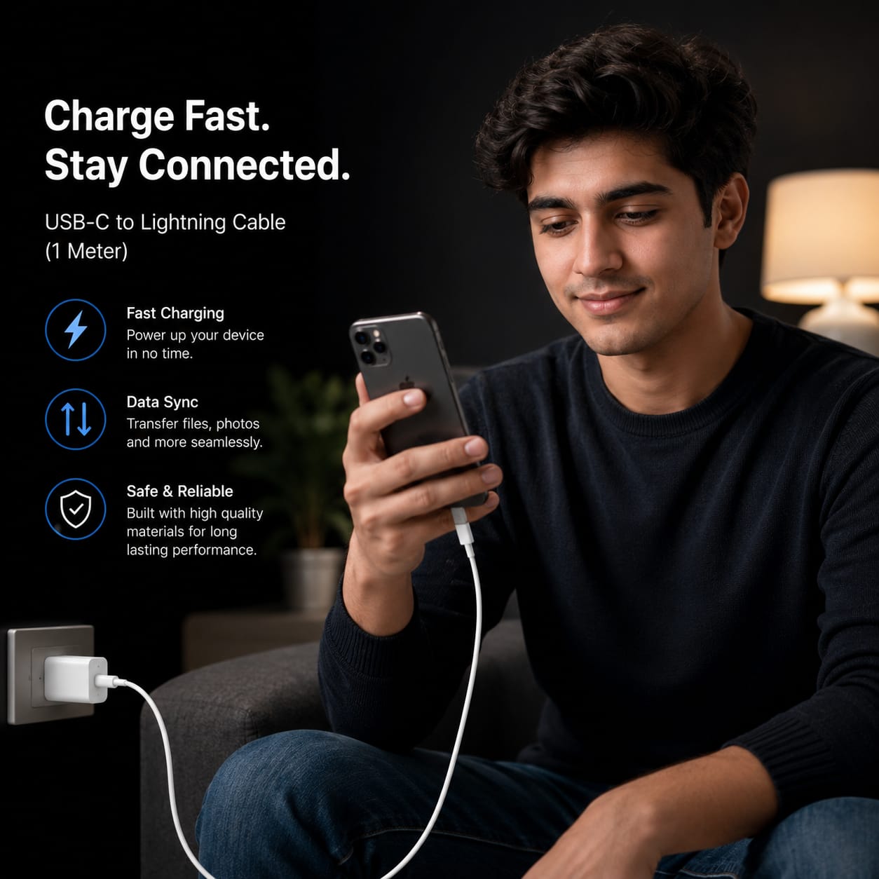 A man in a dark navy sweater sits in a dimly lit room, holding a smartphone connected by a white USB-C to Lightning cable plugged into an outlet on the left. Text on the left highlights charging features: fast charging, data sync, and safe & reliable performance.