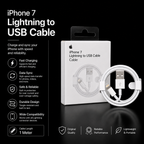 White iPhone 7 Lightning to USB Cable shown next to its retail packaging box on a black background, with text highlighting features like fast charging, data sync, safe & reliable, durable design, and wide compatibility.