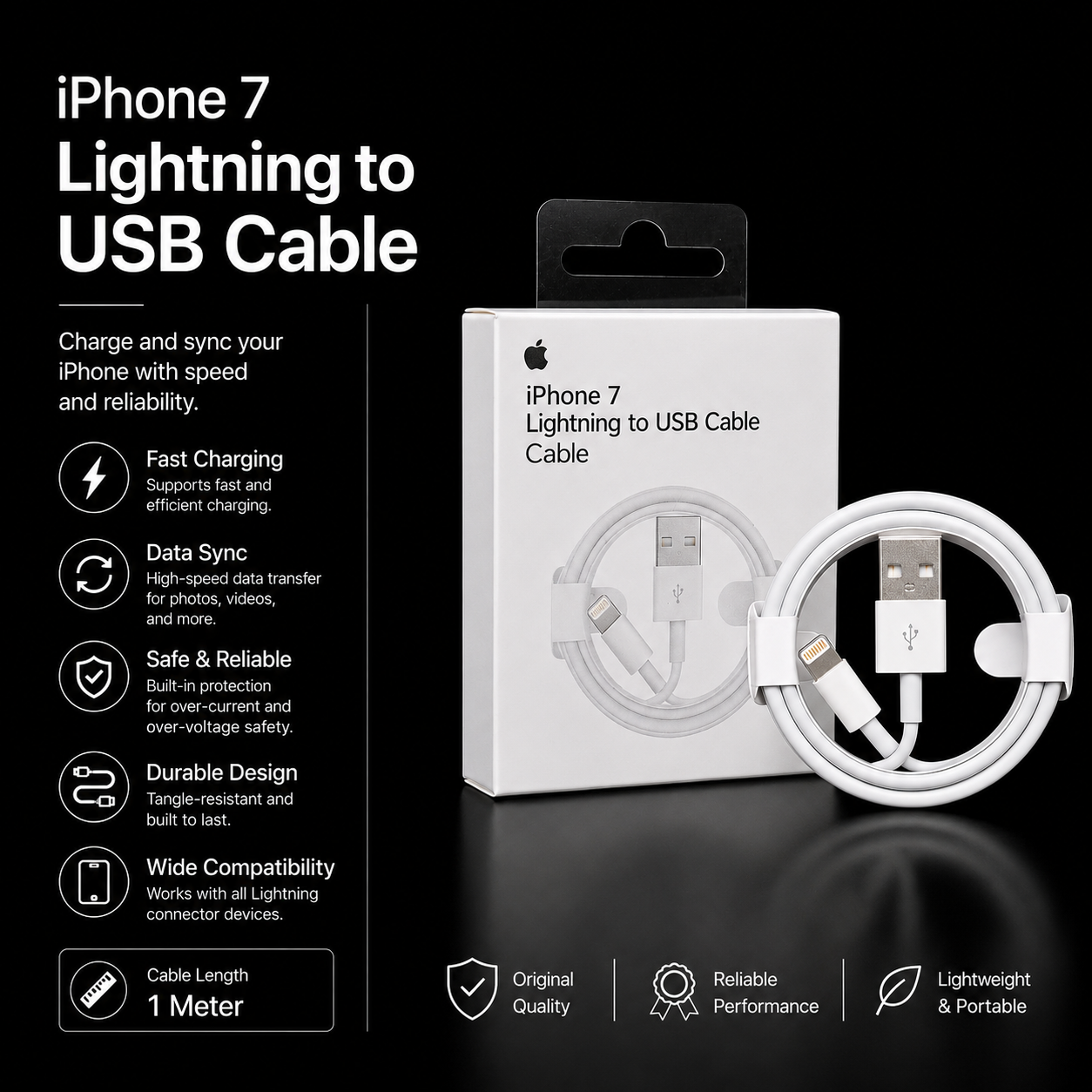 White iPhone 7 Lightning to USB Cable shown next to its retail packaging box on a black background, with text highlighting features like fast charging, data sync, safe & reliable, durable design, and wide compatibility.