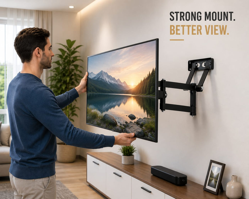 A man in a blue sweater is mounting a large flat-screen TV on a wall using a black articulated mount. The scene is set in a modern living room with a wooden console, plants, and a window.