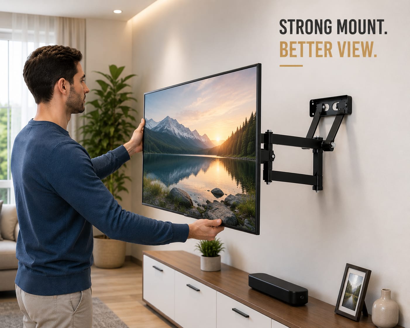 A man in a blue sweater is mounting a large flat-screen TV on a wall using a black articulated mount. The scene is set in a modern living room with a wooden console, plants, and a window.