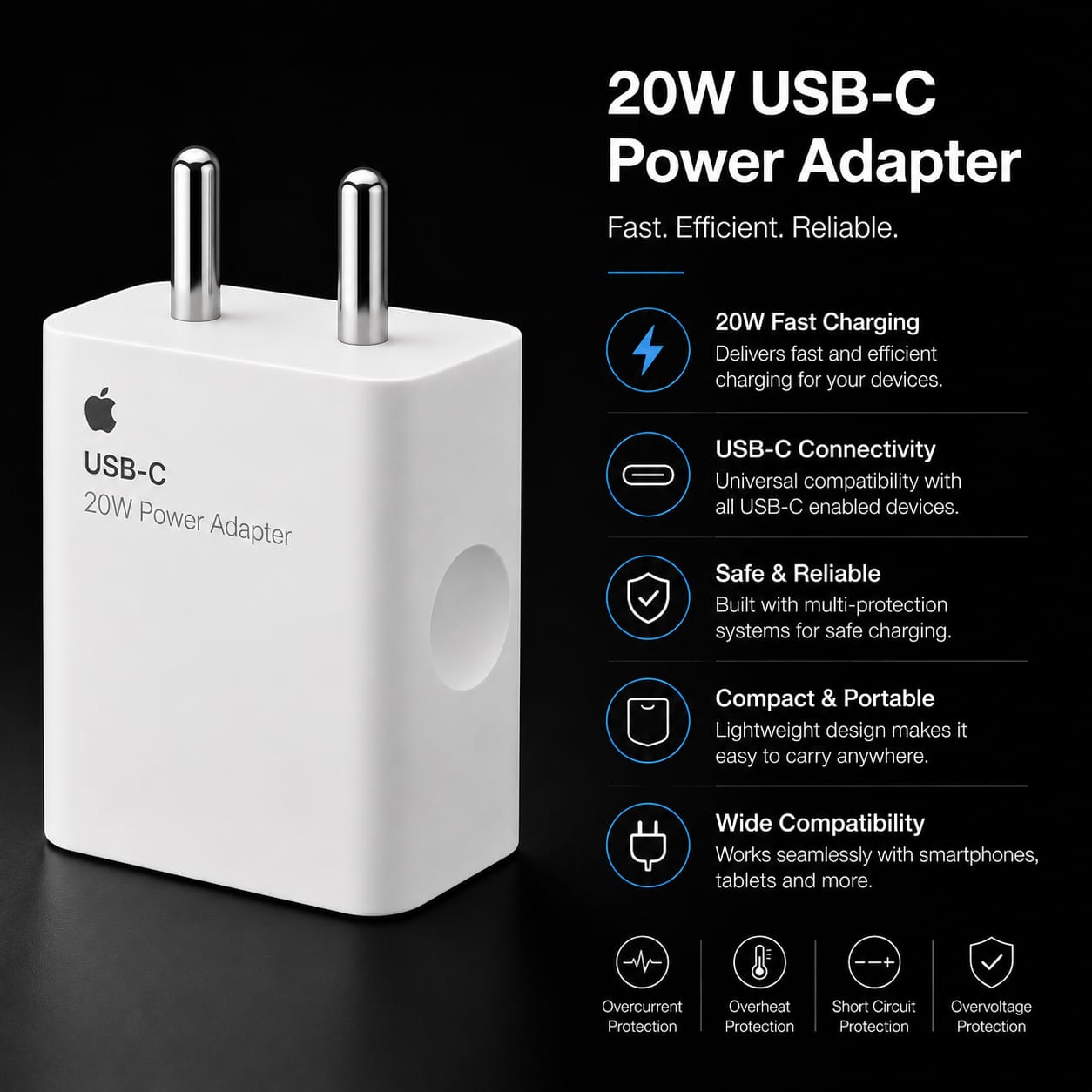 A white Apple USB-C 20W power adapter shown on a black background with marketing text and feature callouts. The adapter has two metallic silver plug pins and a visible Apple logo on the side.