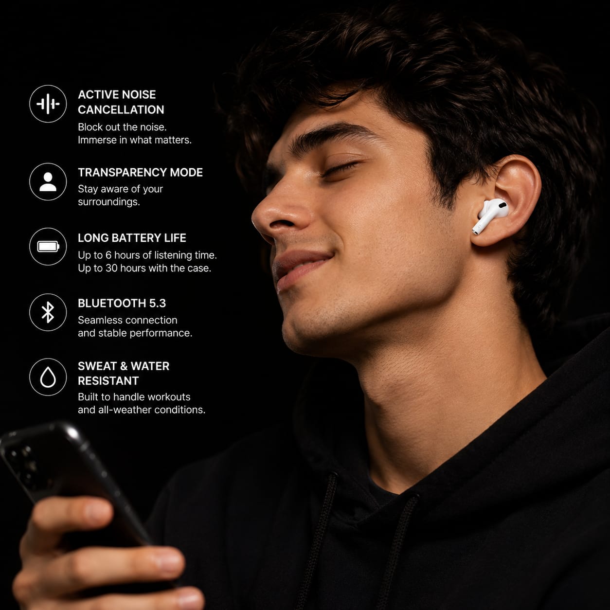 A man wearing a white wireless earbud in his ear, shown in profile against a black background, holding a smartphone. White text on the left lists product features: active noise cancellation, transparency mode, long battery life, Bluetooth 5.