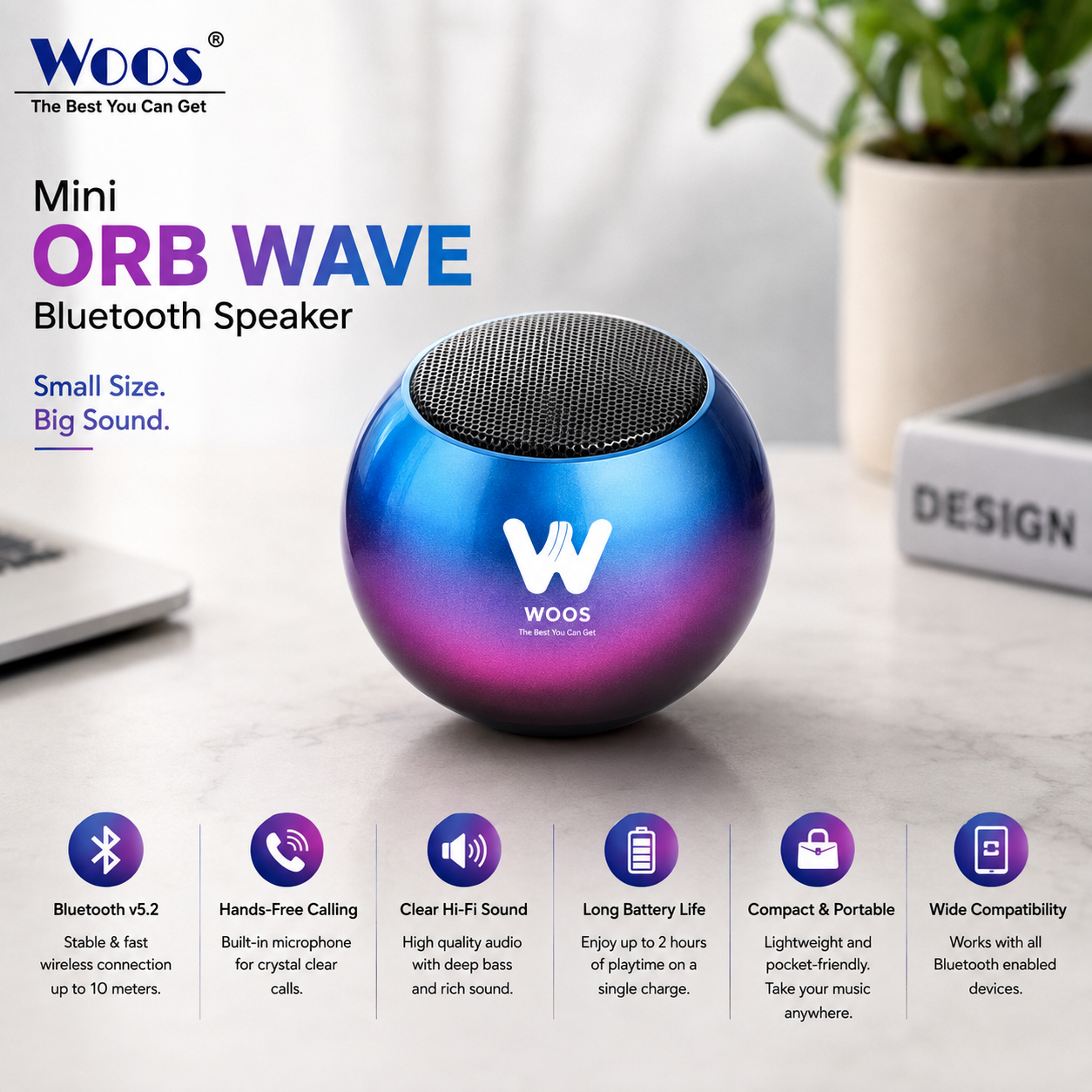 WOOS Mini Orb Wave Bluetooth speaker in a vibrant blue-to-purple gradient finish, shown on a white desk with a laptop, plant, and notebook in the background. The image includes feature icons and text highlighting its Bluetooth v5.