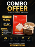 Promotional graphic for a combo offer featuring a pair of boAt wireless earbuds in an open charging case next to their retail box, with a WOODS 25W PD fast charger and a promotional price of ₥549/- on a black background.