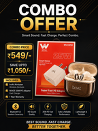Promotional graphic for a combo offer featuring a pair of boAt wireless earbuds in an open charging case next to their retail box, with a WOODS 25W PD fast charger and a promotional price of ₥549/- on a black background.