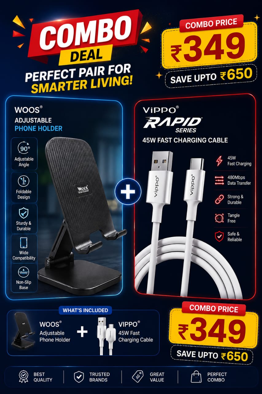 Promotional combo deal graphic showing a Woos adjustable phone holder and a Vippo Rapid 45W fast charging cable bundle. The image includes product photos, feature callouts, and pricing text in Hindi/English on a dark blue background.