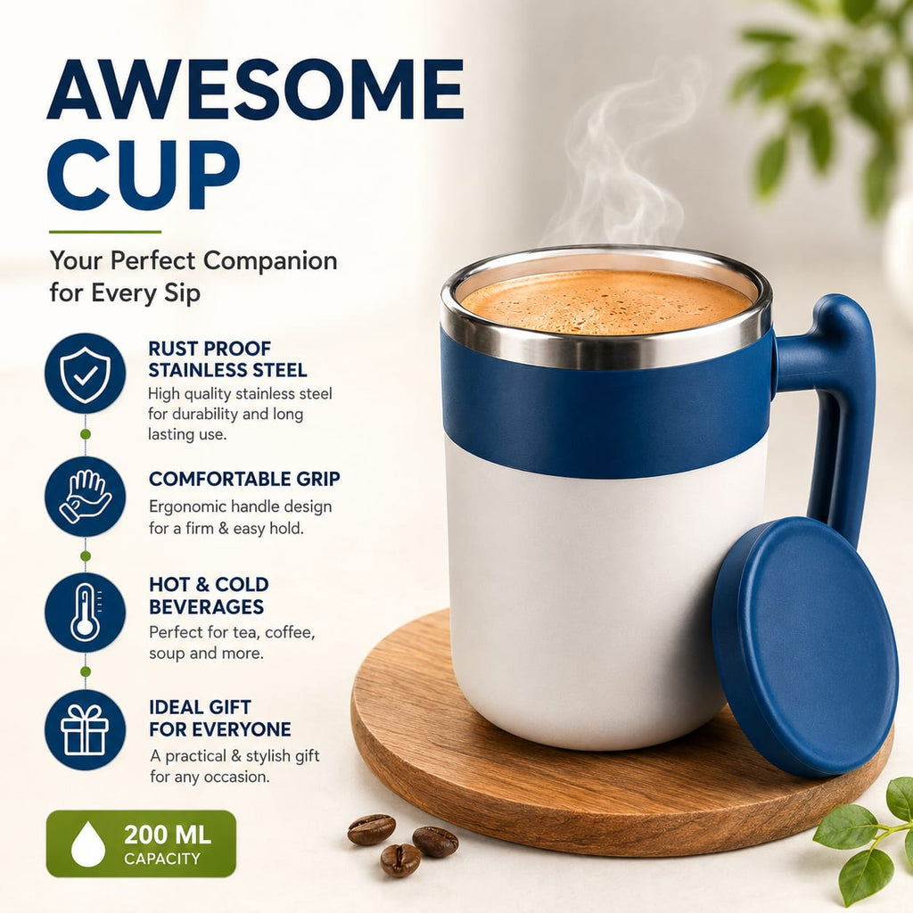 A 200 ml stainless steel travel coffee cup with a white body, blue handle and lid, and a silver rim, shown on a wooden coaster with coffee beans. The left side features promotional text highlighting its rust-proof steel, ergonomic grip, hot/cold beverage capability, and gift appeal.