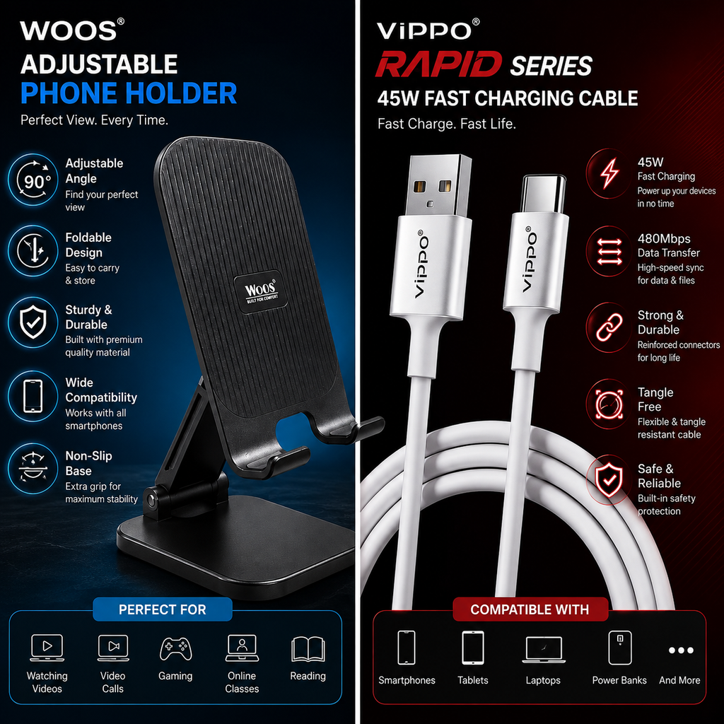 A promotional split image showing a black WOOS adjustable phone holder on the left and a white Vippo rapid charging cable on the right, both with marketing text and compatibility icons on a dark background.