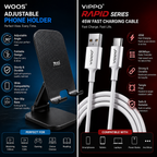 A promotional split image showing a black WOOS adjustable phone holder on the left and a white Vippo rapid charging cable on the right, both with marketing text and compatibility icons on a dark background.