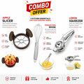 A promotional collage for a kitchen combo set featuring a stainless steel apple slicer, a stainless steel whisk, and a stainless steel lemon squeezer, with text callouts and small usage examples on a white background.