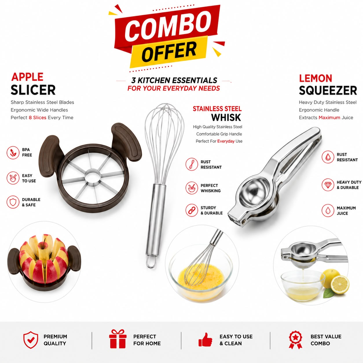 A promotional collage for a kitchen combo set featuring a stainless steel apple slicer, a stainless steel whisk, and a stainless steel lemon squeezer, with text callouts and small usage examples on a white background.