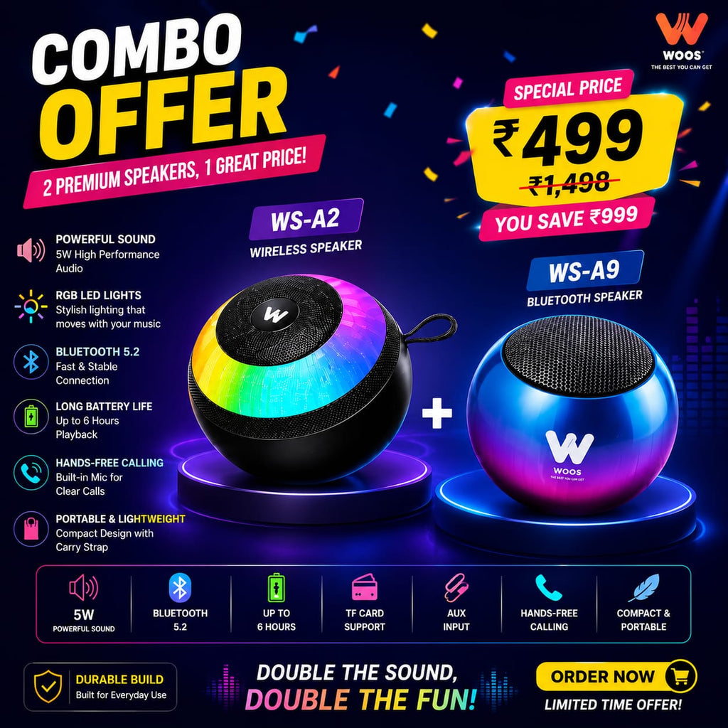 Promotional graphic for a combo offer of two WOOU wireless speakers: the WS-A2 RGB LED speaker and the WS-A9 Bluetooth speaker, with pricing and feature icons on a dark background.
