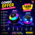 Promotional graphic for a combo offer of two WOOU wireless speakers: the WS-A2 RGB LED speaker and the WS-A9 Bluetooth speaker, with pricing and feature icons on a dark background.