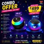 Promotional graphic for a combo offer of two WOOU wireless speakers: the WS-A2 RGB LED speaker and the WS-A9 Bluetooth speaker, with pricing and feature icons on a dark background.