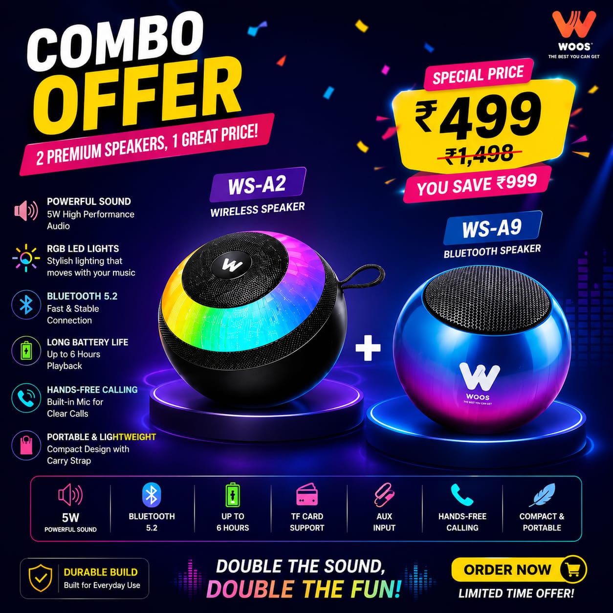 Promotional graphic for a combo offer of two WOOU wireless speakers: the WS-A2 RGB LED speaker and the WS-A9 Bluetooth speaker, with pricing and feature icons on a dark background.