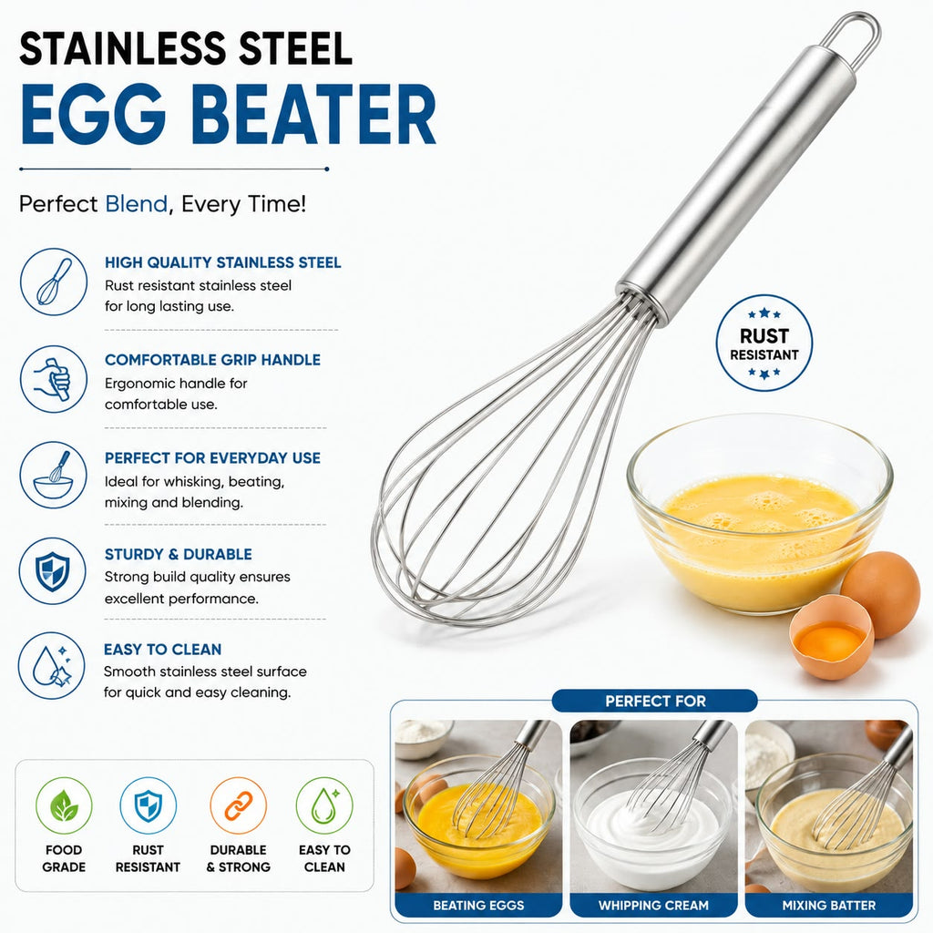 A stainless steel egg beater with a comfortable grip handle, shown alongside a glass bowl of beaten eggs and text highlighting its rust-resistant quality and suitability for whisking, beating, and mixing batter.