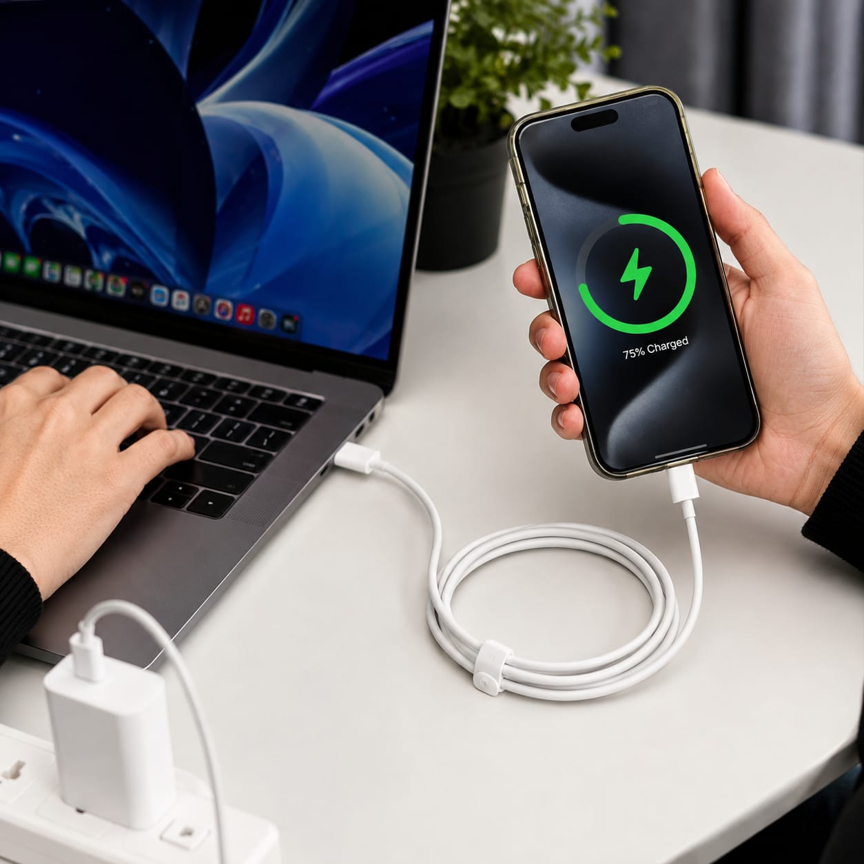 A white braided USB-C charging cable connects a smartphone showing a 70% charged screen to a laptop and wall charger on a light gray desk.