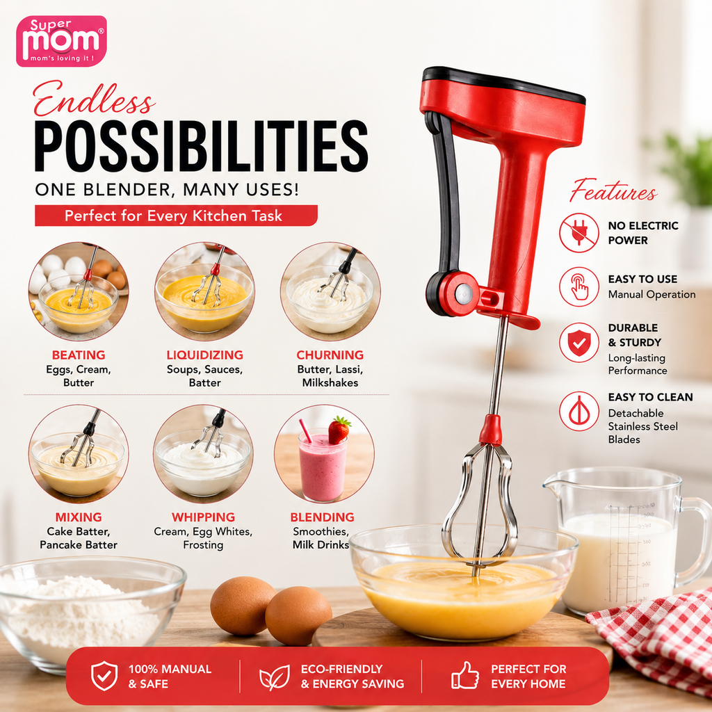 A red and black handheld electric hand blender shown on a white kitchen counter with eggs, bowls, and a pitcher of yellow mixture. The image includes promotional text such as 'Endless POSSIBILITIES', 'ONE BLENDER, MANY USES!', and feature callouts like 'NO ELECTRIC POWER', 'EASY TO USE Manual Operation', 'DURABLE & STURDY', and 'EASY TO CLEAN'.