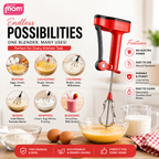 A red and black handheld electric hand blender shown on a white kitchen counter with eggs, bowls, and a pitcher of yellow mixture. The image includes promotional text such as 'Endless POSSIBILITIES', 'ONE BLENDER, MANY USES!', and feature callouts like 'NO ELECTRIC POWER', 'EASY TO USE Manual Operation', 'DURABLE & STURDY', and 'EASY TO CLEAN'.