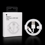 White Apple iPhone 7 Lightning to USB cable shown next to its white retail packaging box on a black reflective background.