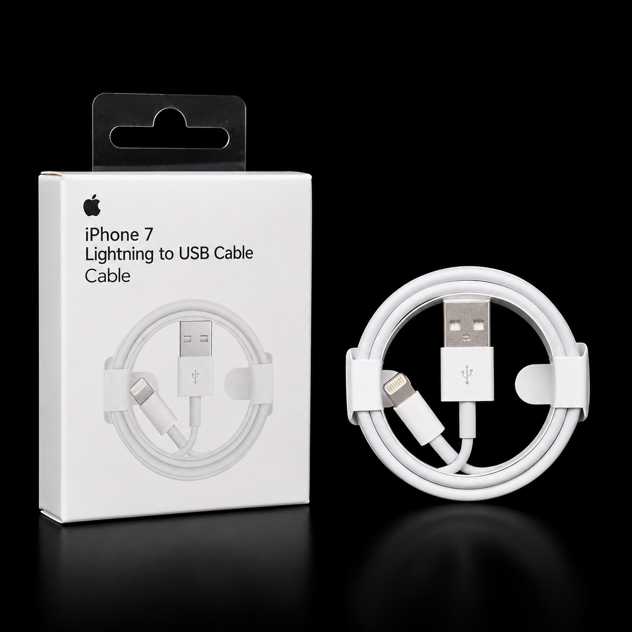 White Apple iPhone 7 Lightning to USB cable shown next to its white retail packaging box on a black reflective background.