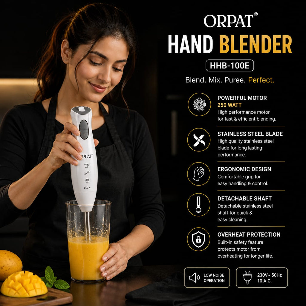 A woman in a black outfit blends orange juice in a clear glass using an ORPAT HHB-100E hand blender. The background is black with product feature callouts and icons on the right side.