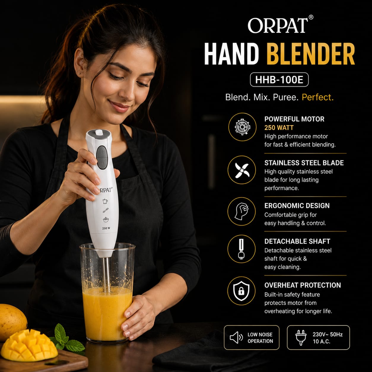 A woman in a black outfit blends orange juice in a clear glass using an ORPAT HHB-100E hand blender. The background is black with product feature callouts and icons on the right side.
