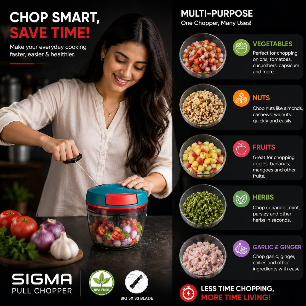 A promotional graphic for the Sigma Pull Chopper featuring a woman chopping vegetables in a clear container with a teal lid. The left side includes marketing text and product features, while the right side lists various food types like vegetables, nuts, fruits, herbs, and garlic and ginger that the chopper can process.