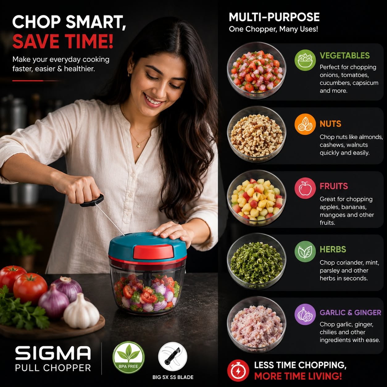 A promotional graphic for the Sigma Pull Chopper featuring a woman chopping vegetables in a clear container with a teal lid. The left side includes marketing text and product features, while the right side lists various food types like vegetables, nuts, fruits, herbs, and garlic and ginger that the chopper can process.