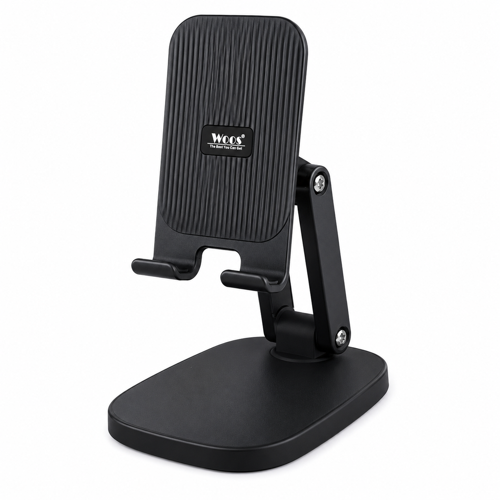 A black adjustable smartphone stand with a textured grip on the phone cradle and a stable base, shown on a plain white background. The brand 'WCCS' is visible on the center of the cradle.