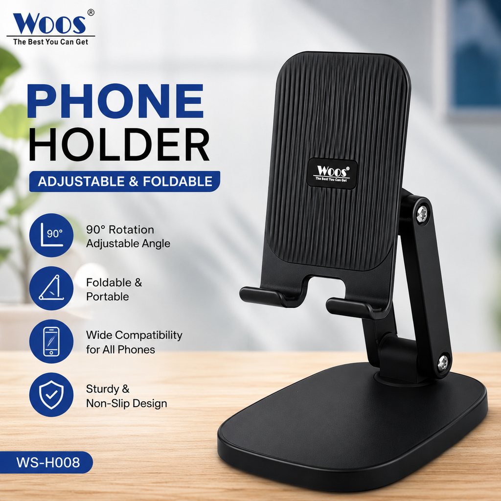 Black Woos brand adjustable phone holder on a light wood surface with promotional text and feature icons on the left side.